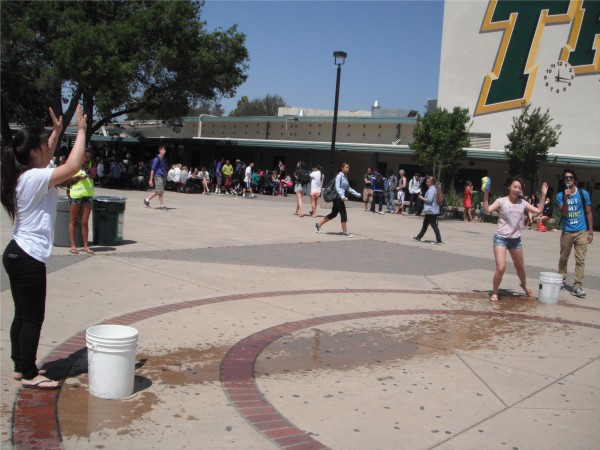 Students participate in a water bucket game to learn the dangers of tobacco. 