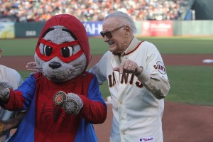 Stan Lee meets Giants' mascot Lou  Seal in a Spider-Man costume. 