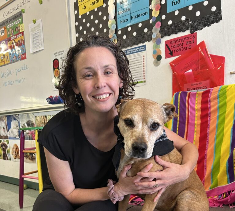 Profe Canela and her affectionate assistant, Delilah